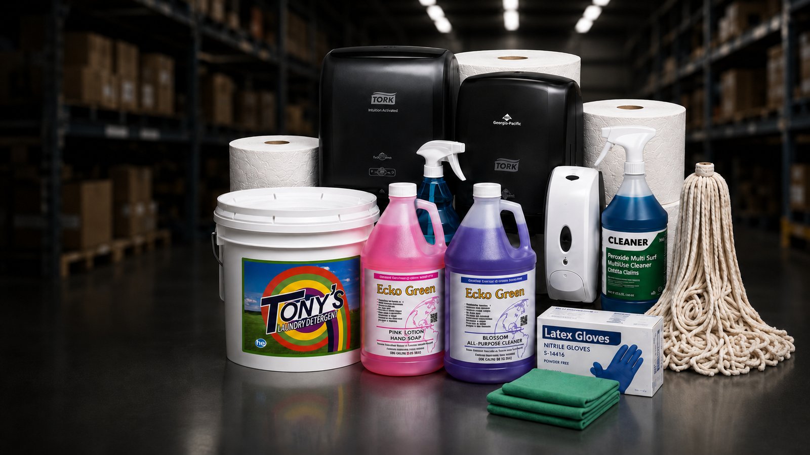 Ecko Green janitorial and facility supplies — paper products, cleaning chemicals, dispensers, gloves, and mops staged in the warehouse